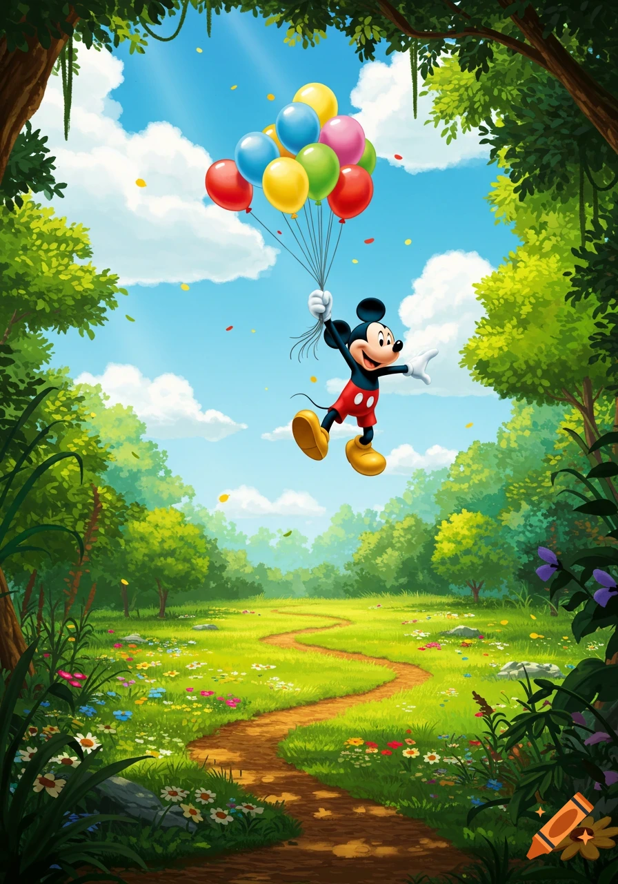 Mickey Mouse flies over a vibrant green forest and meadow, holding a bunch of colorful balloons, under a bright blue sky.