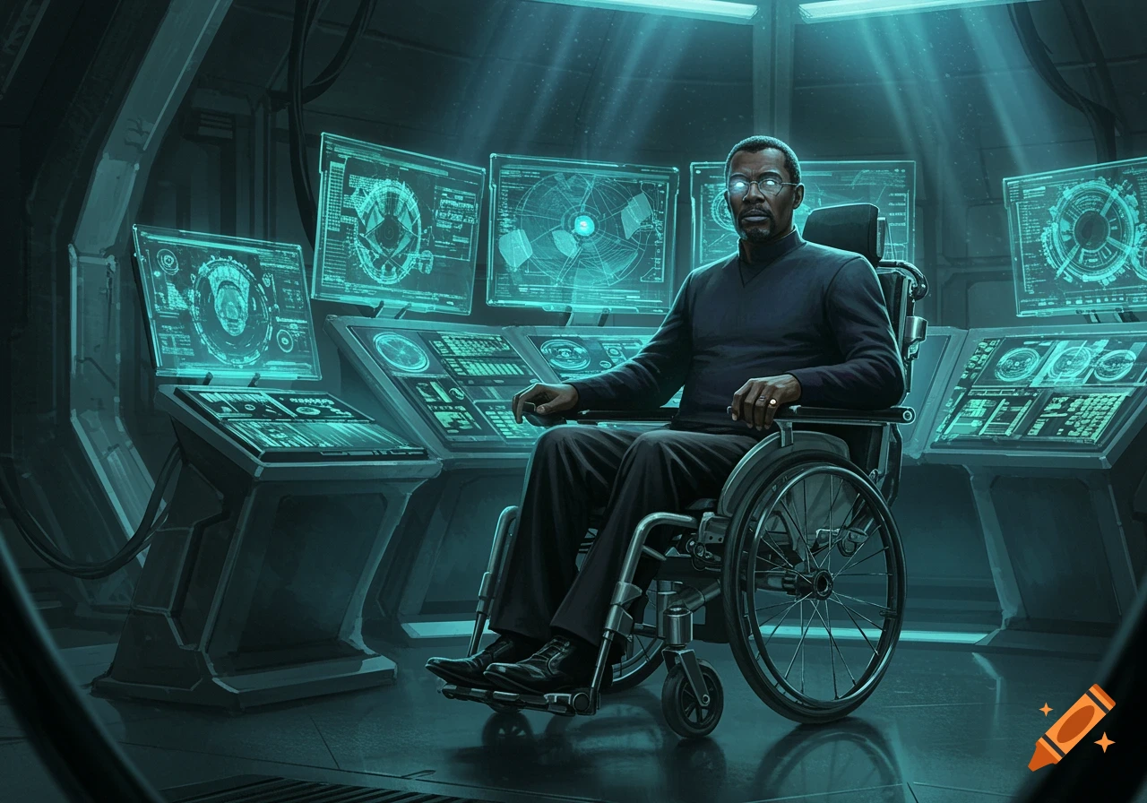 A man resembling Charles Xavier sits in a wheelchair in a dark, futuristic control room with glowing blue screens.