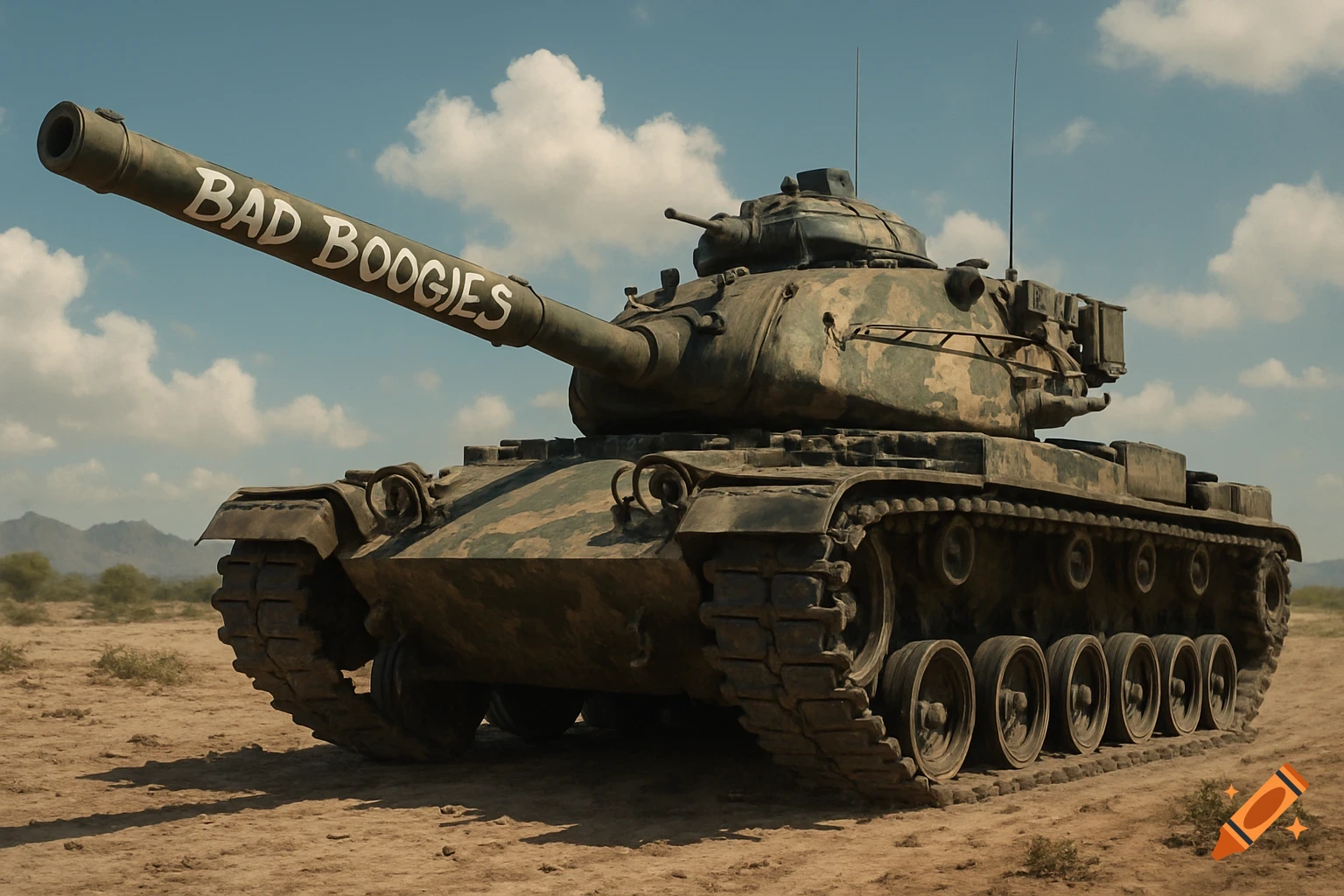 A photorealistic M60A3 tank with 'BAD BOOGIES' written on its gun, standing in a desert landscape under a blue sky.