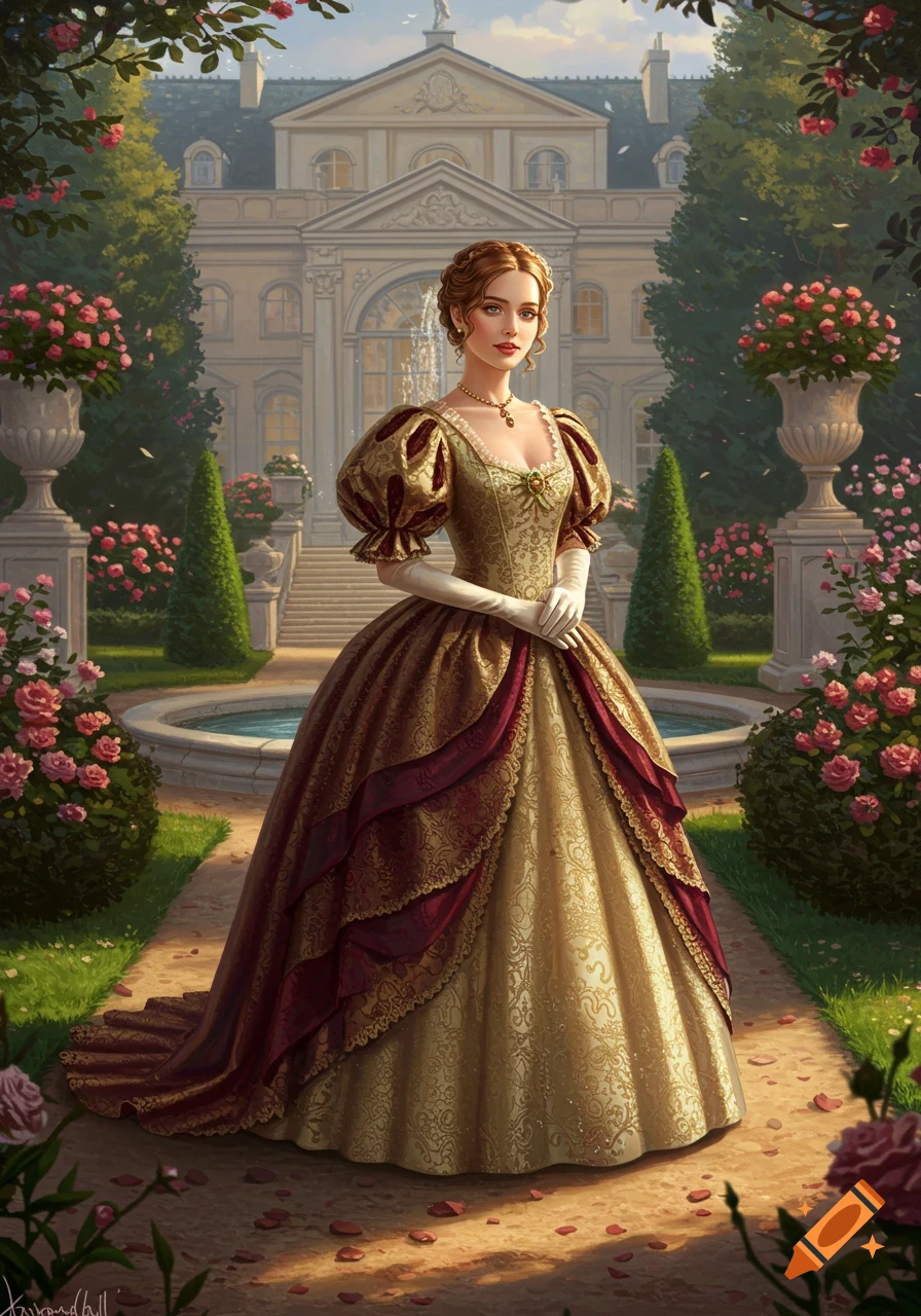 A woman in a gold and burgundy 1864 puffy dress stands in a manicured garden with a grand mansion.