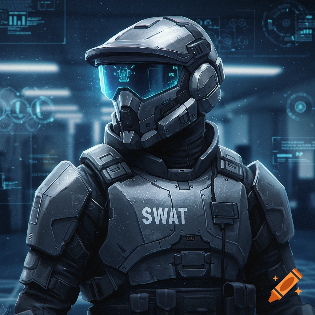 A detailed portrait of a futuristic soldier in dark gray tactical armor with a glowing blue visor and "SWAT" on the chest.