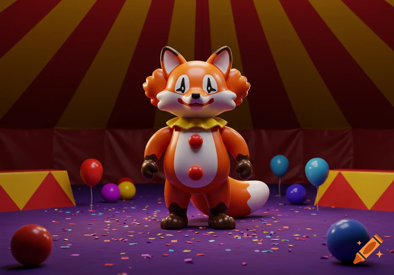 A glossy, inflatable orange and white clown fox with a nervous smile stands in a colorful circus tent with balloons and confetti.