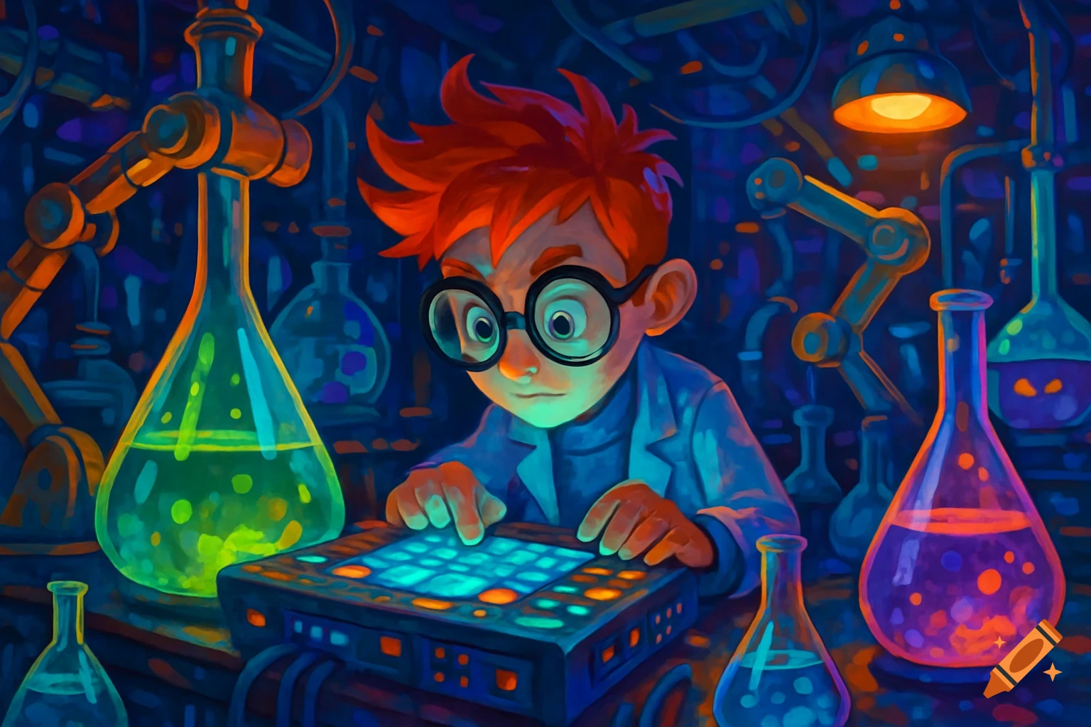 A red-haired boy in a lab coat and glasses uses a glowing console in a futuristic science lab filled with colorful beakers.