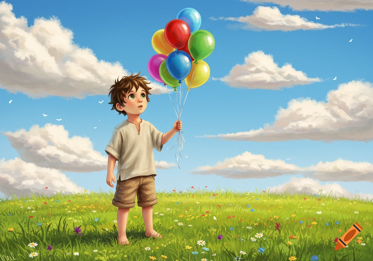 An illustrated young boy stands barefoot in a grassy field with wildflowers, holding colorful balloons and looking up at the cloudy blue sky.