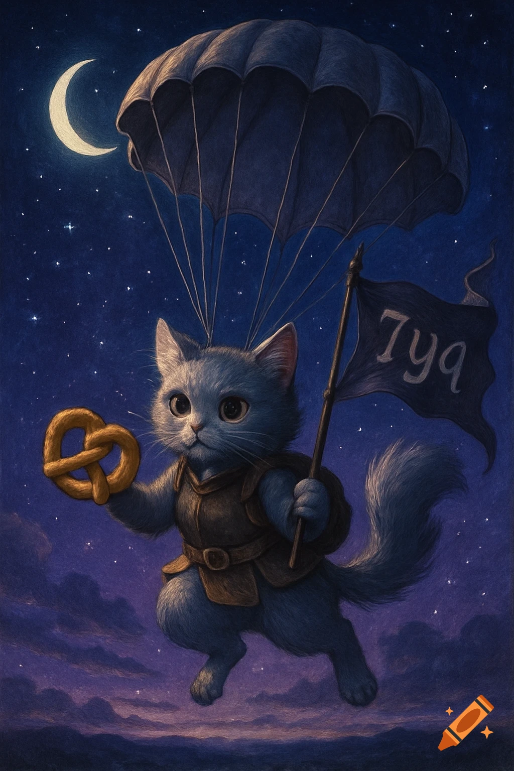 A cute gray warrior cat parachuting through a starry night sky, holding a pretzel and a flag.
