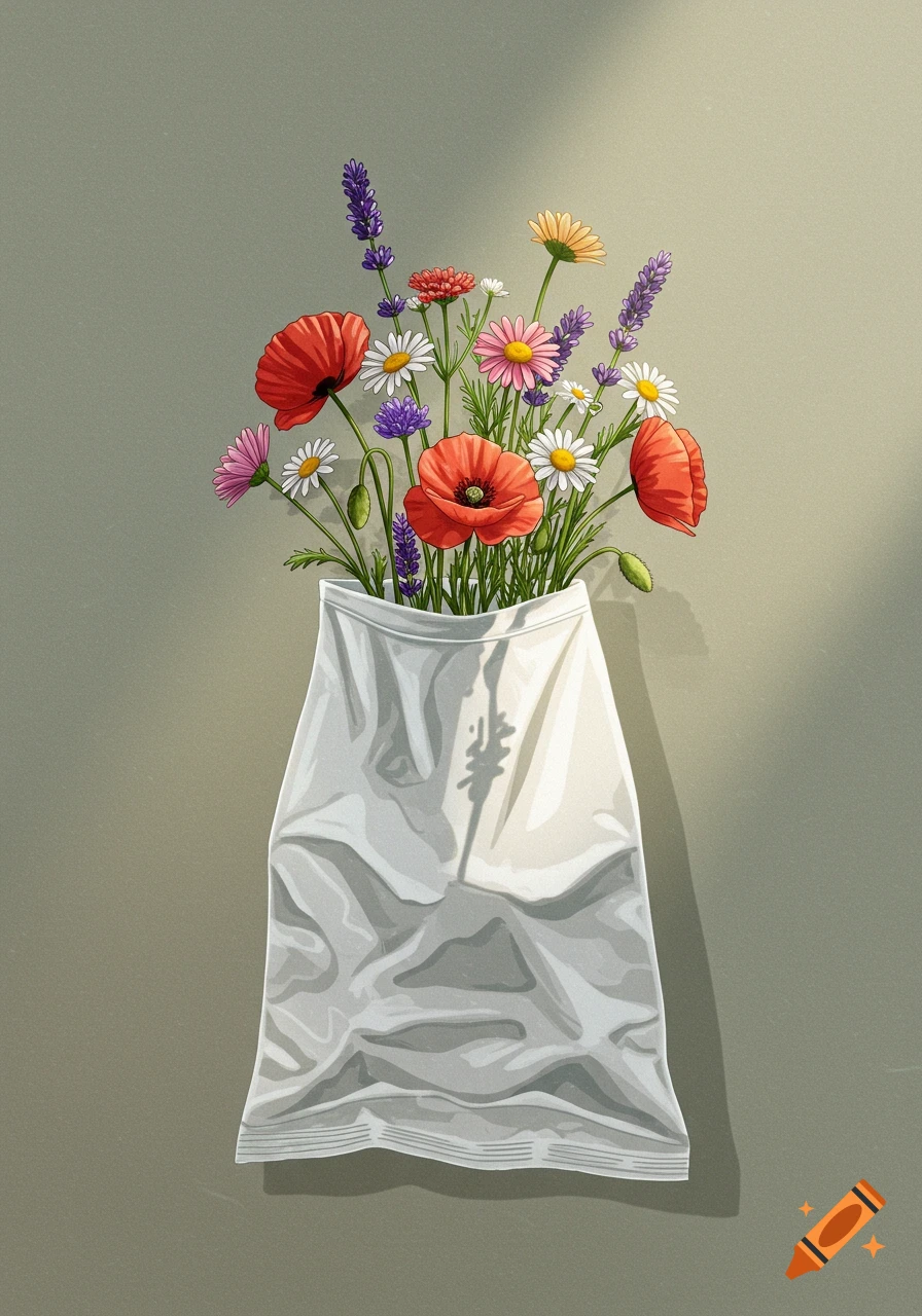 An illustrative still life featuring a colorful bouquet of wildflowers, including red poppies, daisies, and lavender, emerging from a crumpled white bag against a muted green background.