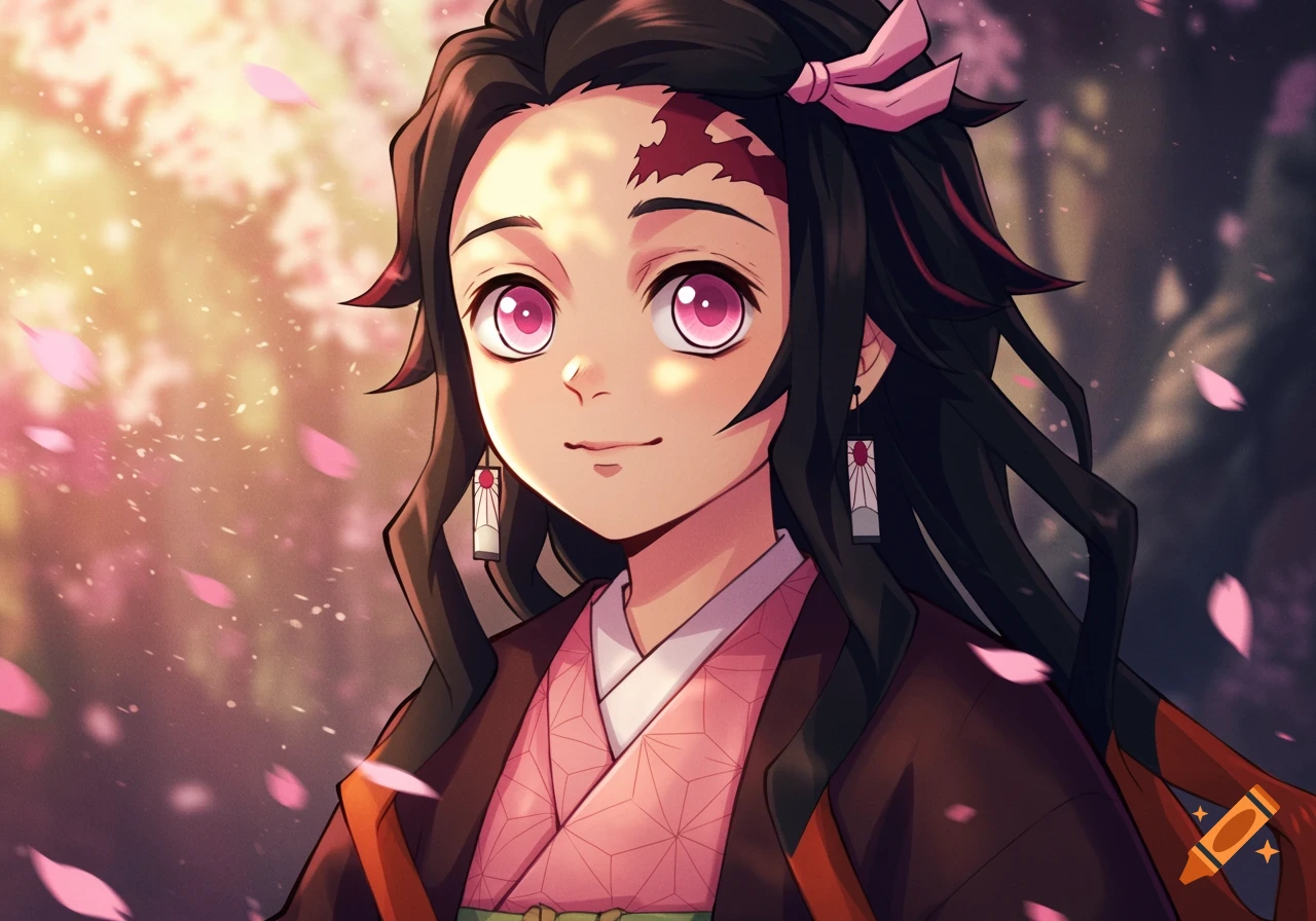 Close-up anime portrait of Nezuko from Demon Slayer, smiling with pink eyes, a pink bow, and cherry blossoms.
