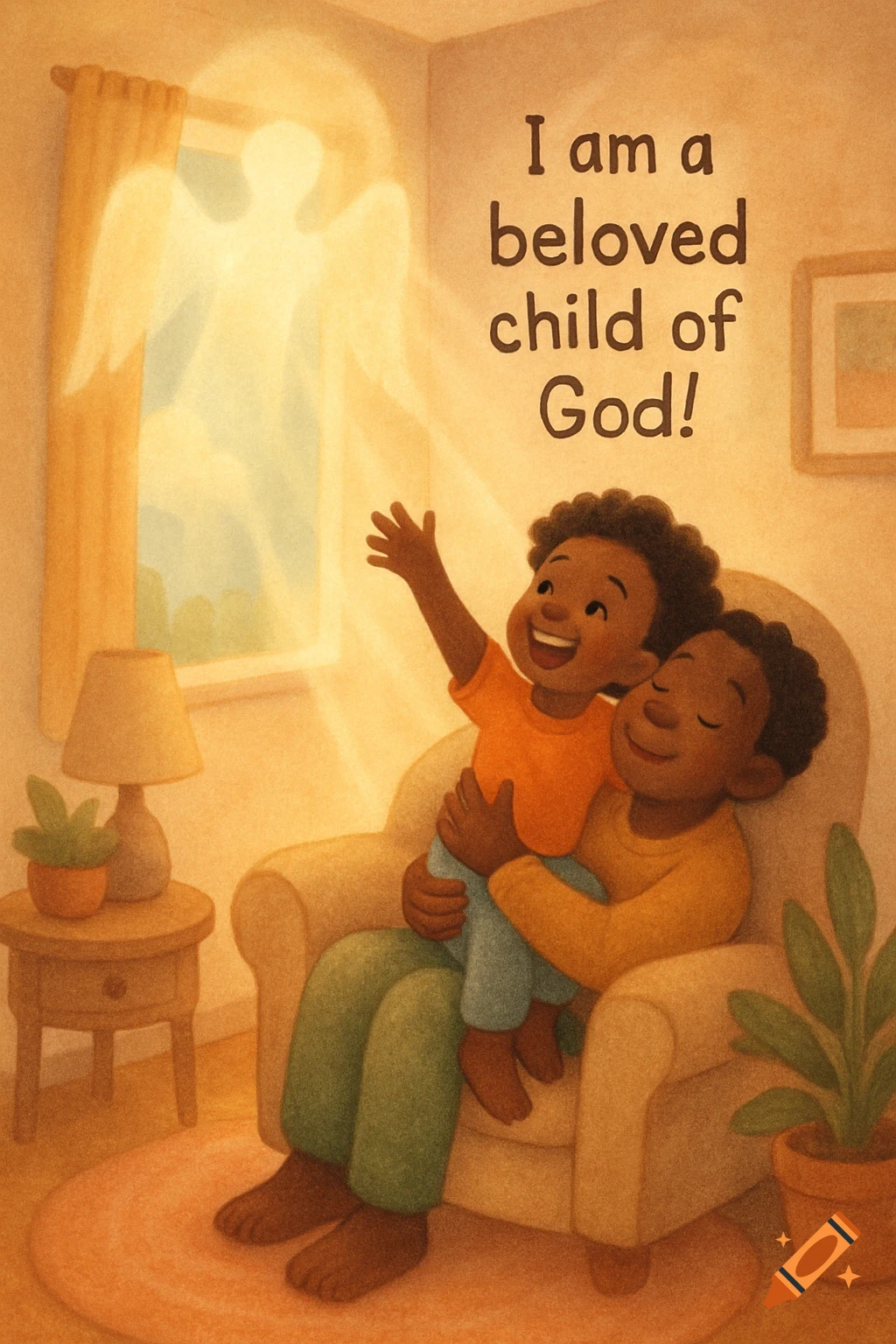 Warm illustration of an adult holding a child in an armchair, looking at a glowing angel by a window. Text: 'I am a beloved child of God!'