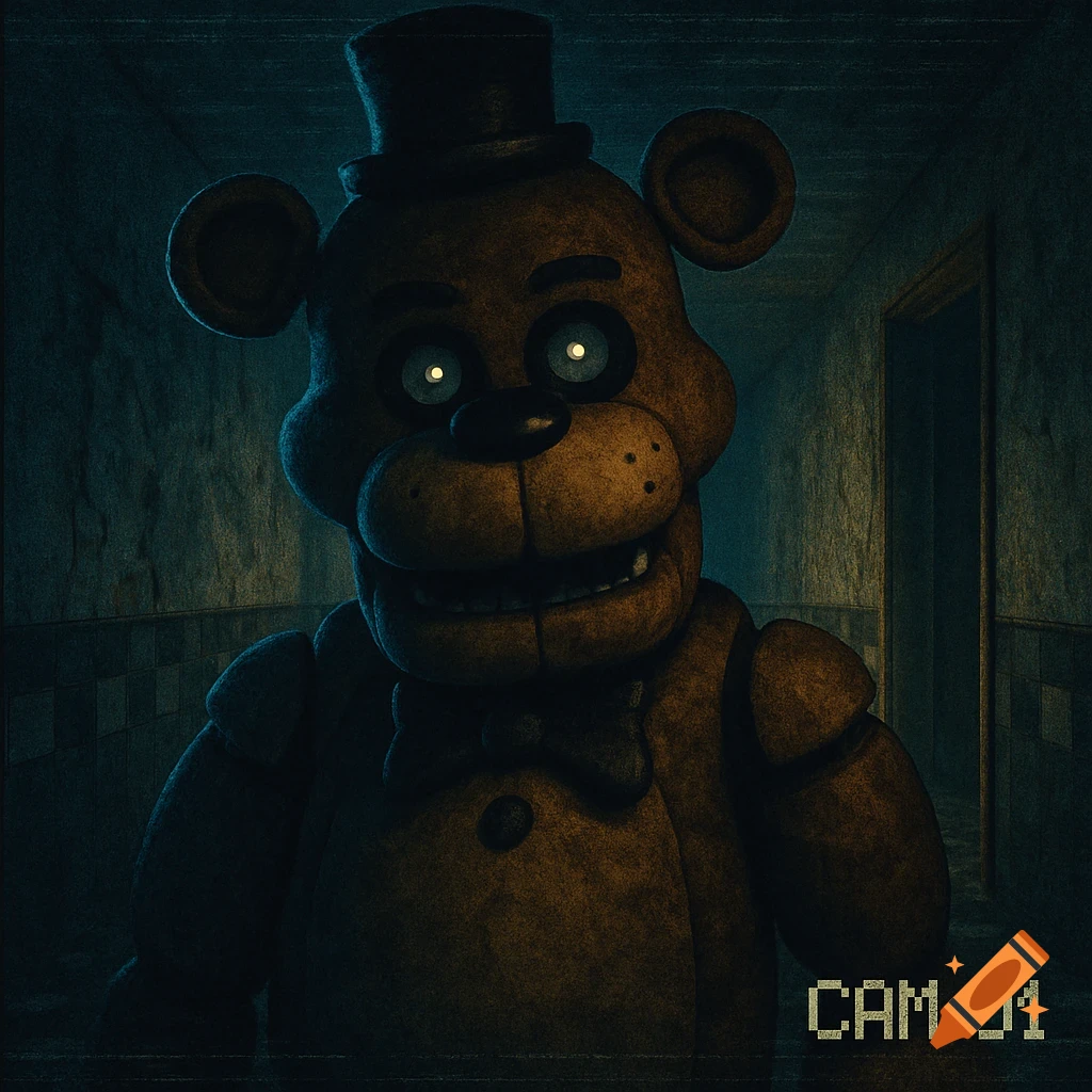 A creepy animatronic bear (Freddy Fazbear) with glowing eyes and a top hat stares in a dark hallway, with 'CAM 01' overlay.