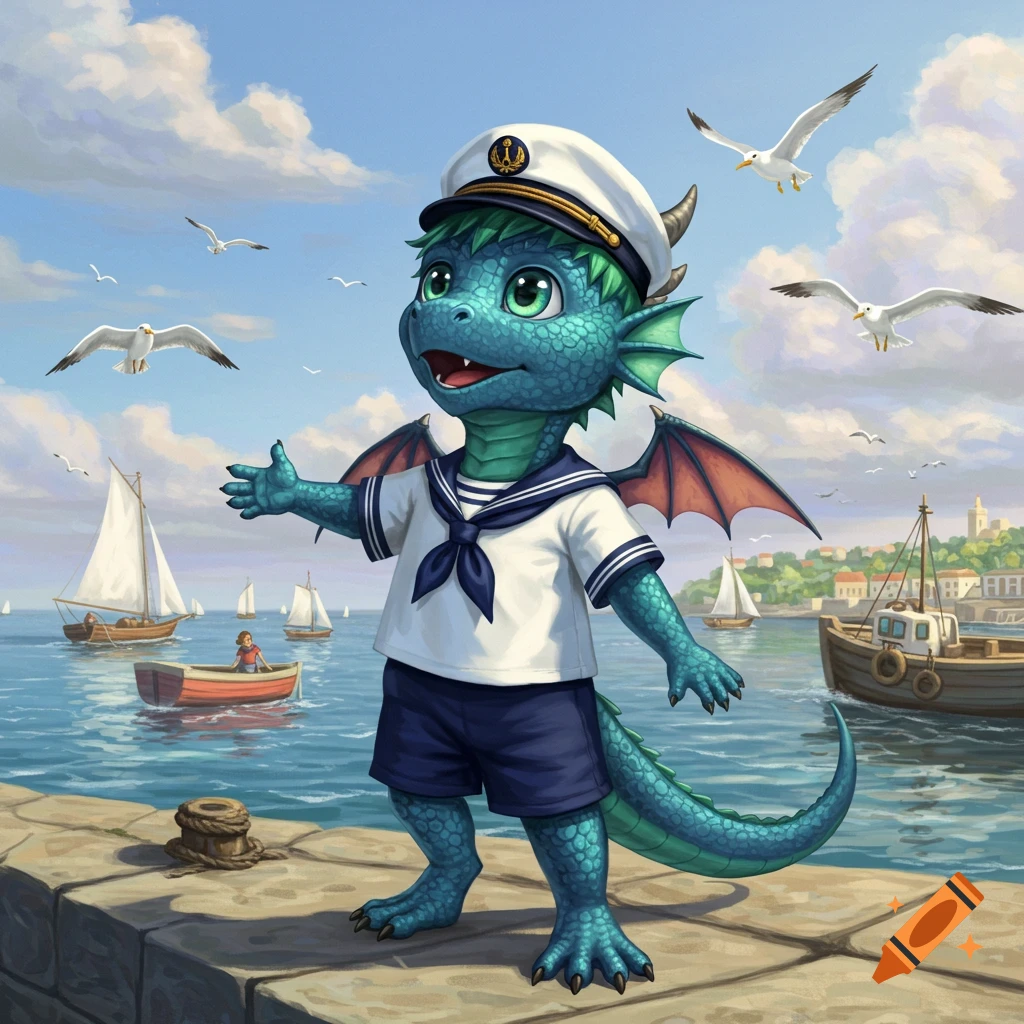 A cute cartoon dragonborn boy in a sailor outfit stands on a stone dock, reaching out, with sailboats and seagulls in a sunny harbor background.