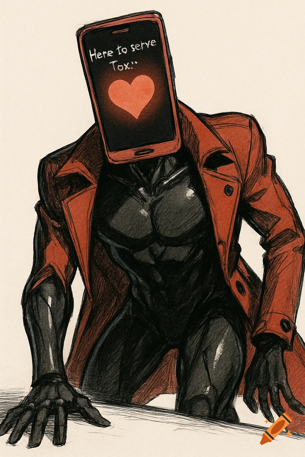 Digitally hand-drawn image of a figure with a smartphone head displaying a glowing heart and text 'Here to serve Tox:', wearing a red trench coat, leaning forward.