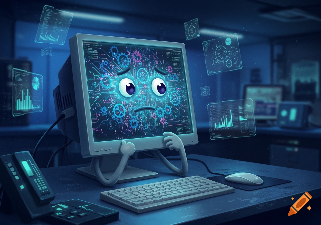 A sad cartoon computer with glowing circuit patterns on its screen sits on a desk in a dim office.