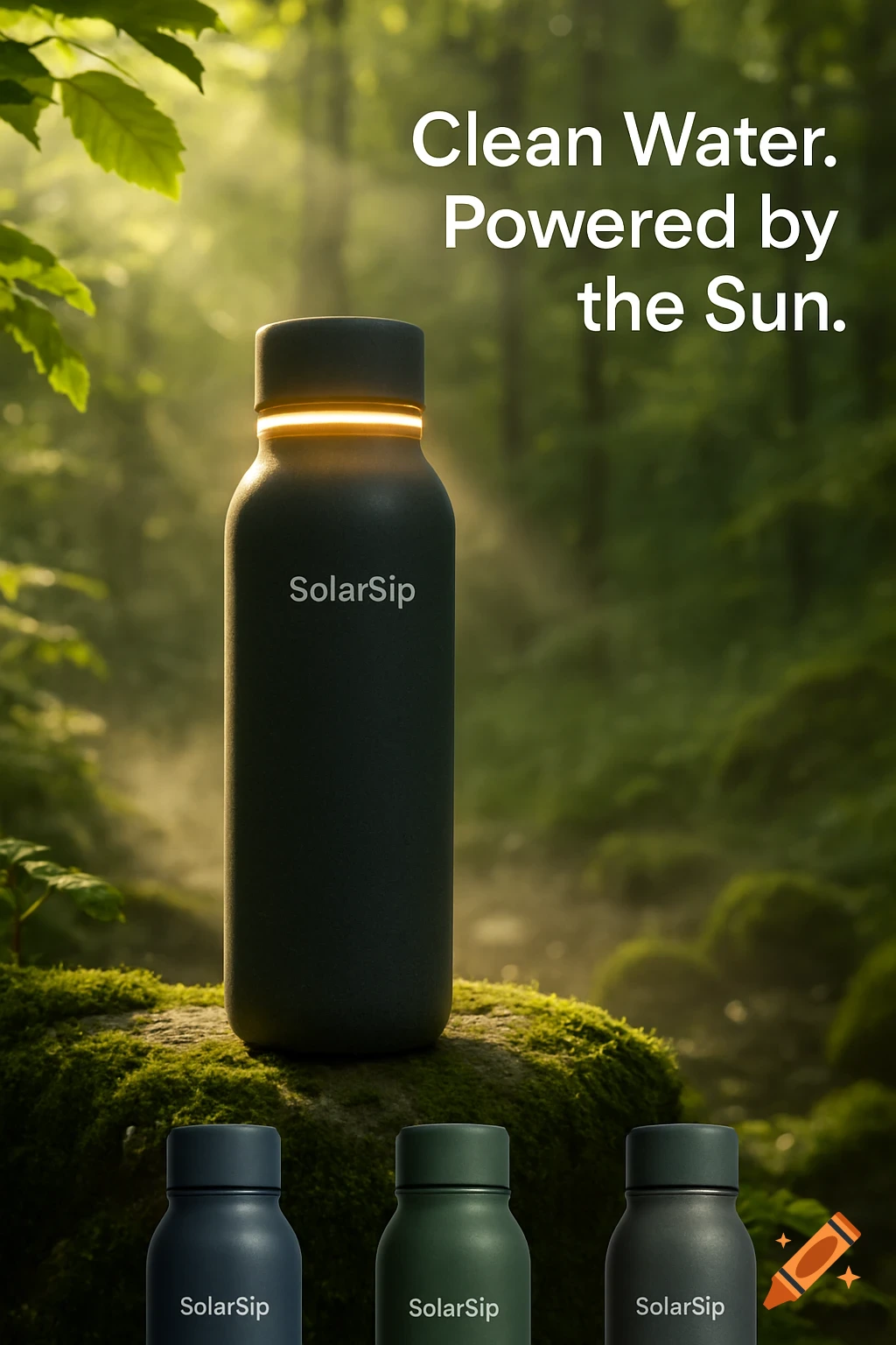 A dark gray SolarSip water bottle with a glowing lid on a mossy rock in a sunlit forest. Text reads "Clean Water. Powered by the Sun." Photorealistic.