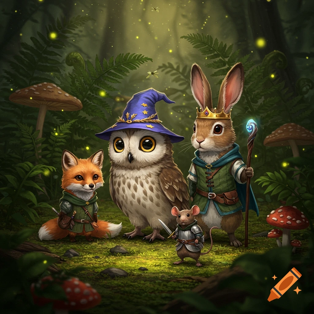A cute owl wizard, rabbit knight, fox ranger, and mouse warrior stand in a magical forest with glowing fireflies.