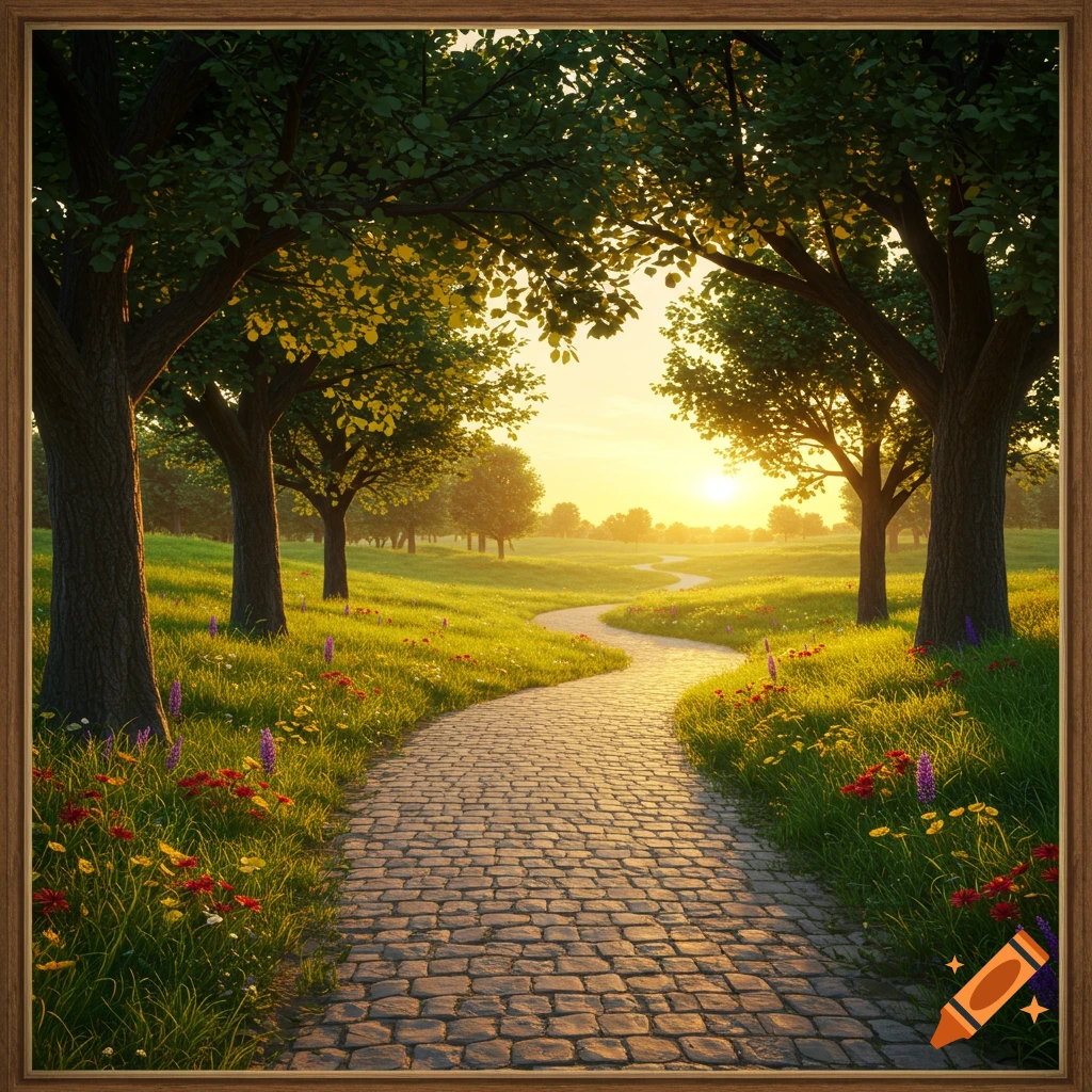 A winding cobblestone path leads through a lush green park with trees, wildflowers, and a golden sunset in the background.