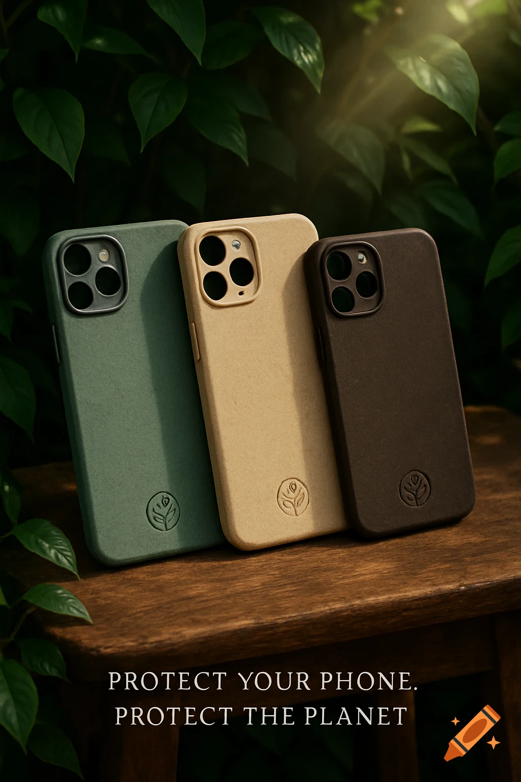 Three biodegradable phone cases in green, beige, and brown on a wooden surface among green plants. Photorealistic.
