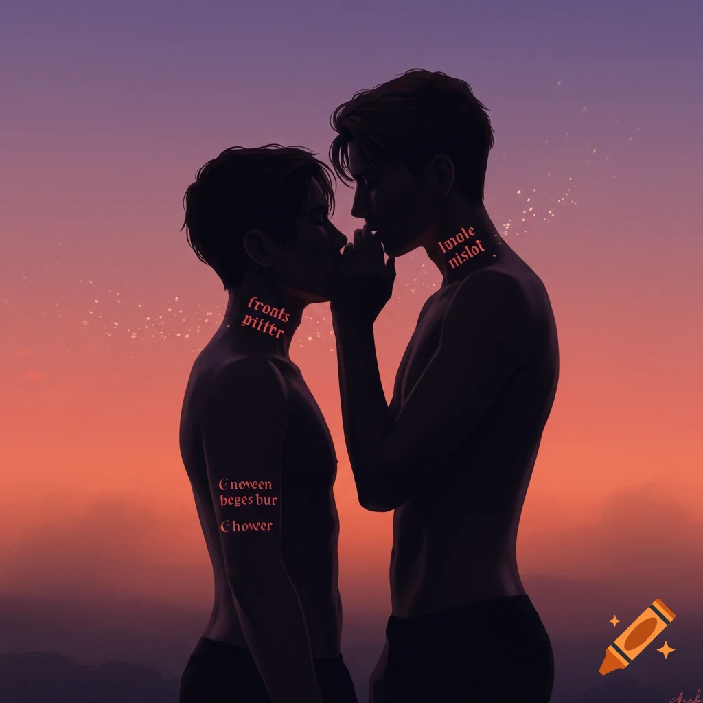 Two shirtless male figures in silhouette against a vibrant sunset sky, embracing and whispering, with glowing red text on their skin.