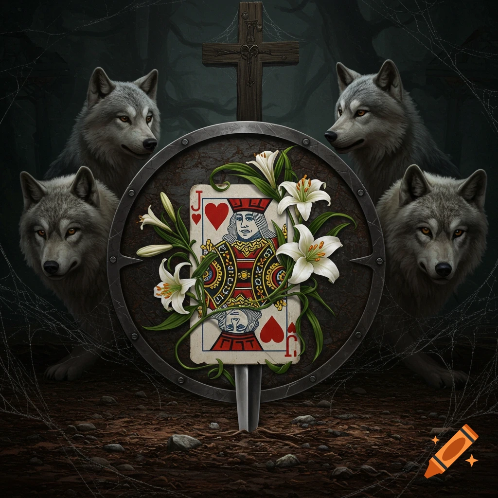 Four gray wolves surround a shield featuring a Jack of Hearts card adorned with white lilies, a dagger, and a cross in a dark, web-strewn forest.