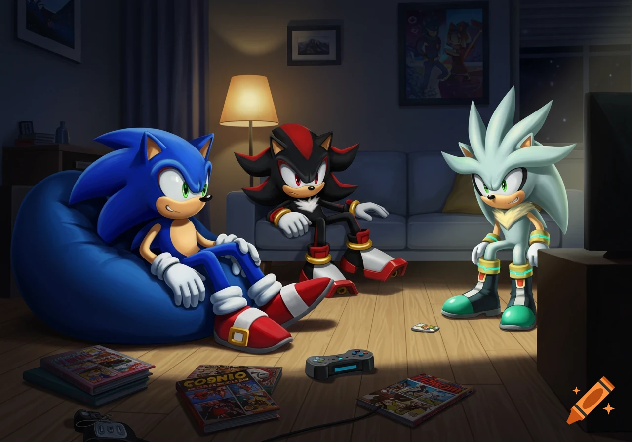 Sonic, Shadow, and Silver watch TV in a dimly lit living room, surrounded by gaming controllers and comic books.