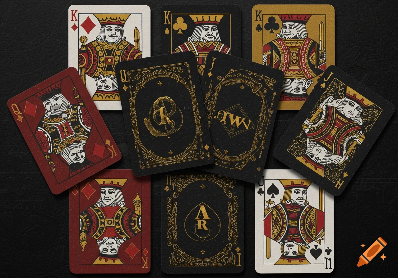 A flat lay arrangement of various ornately designed playing cards on a dark background, showing both faces and backs.