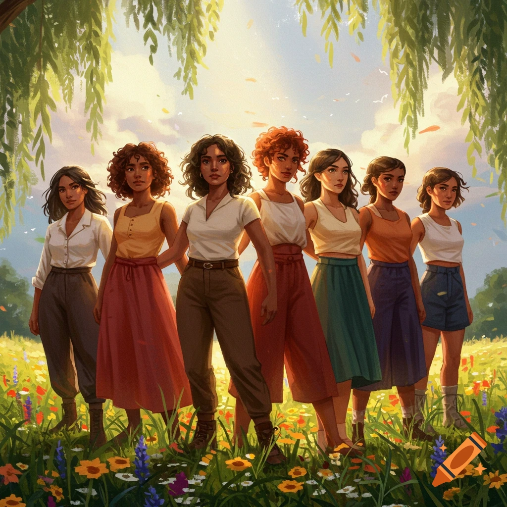 Seven diverse women stand in a field of colorful wildflowers under a willow tree canopy in a vibrant illustration.