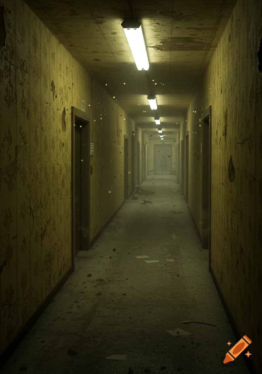 A long, dark, and eerie hallway with dirty yellow wallpaper and floor, lit by overhead fluorescent lights, with a faint figure visible in the distance.