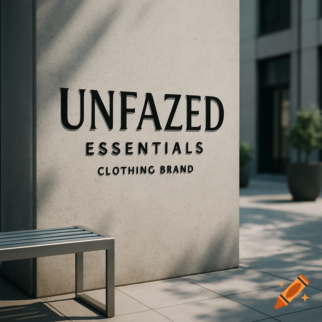 Photorealistic image of a concrete wall with 'UNFAZED ESSENTIALS CLOTHING BRAND' text, an outdoor metal bench, and a building in the background.