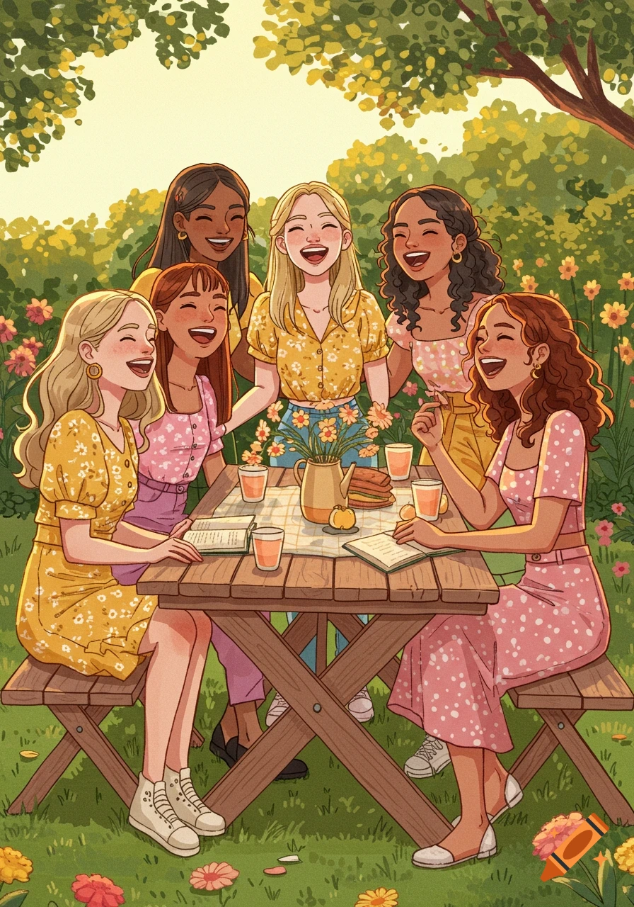 A cute illustration of six diverse young women laughing joyfully around a picnic table in a sunny garden filled with flowers.