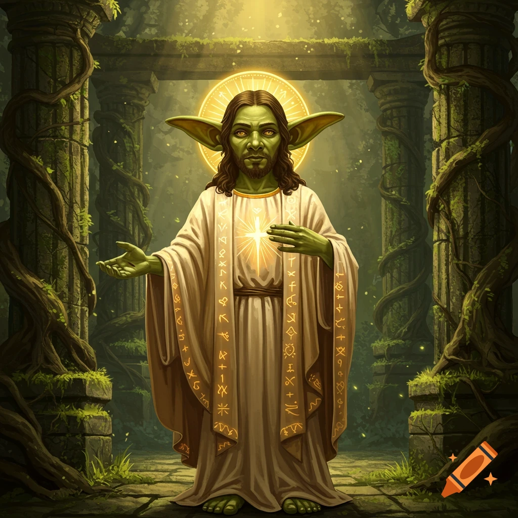 A green-skinned figure with long hair and large ears, reminiscent of Jesus and Yoda, wearing a white robe with glowing symbols and a halo, stands amidst ancient vine-covered ruins.