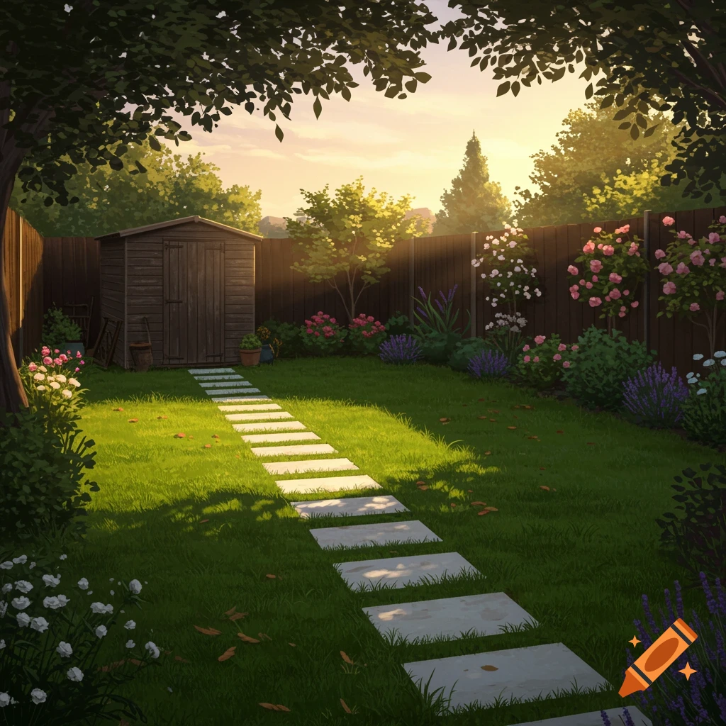 A serene garden at sunset with a wooden shed, white stepping stone path, dark fence, and various colorful flowers under a tree canopy.
