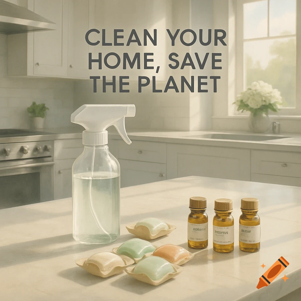 Photorealistic image of a modern kitchen counter with a clear spray bottle, colorful cleaning pods in biodegradable wrappers, and small essential oil bottles.