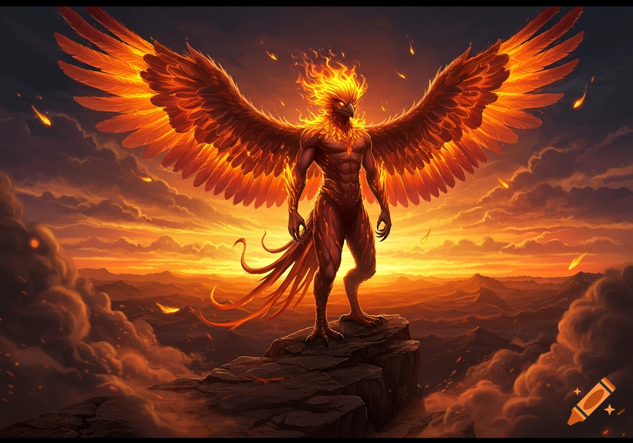 A powerful humanoid fire hawk with fiery wings and head stands on a rocky peak overlooking a dramatic, cloudy, orange-lit landscape.