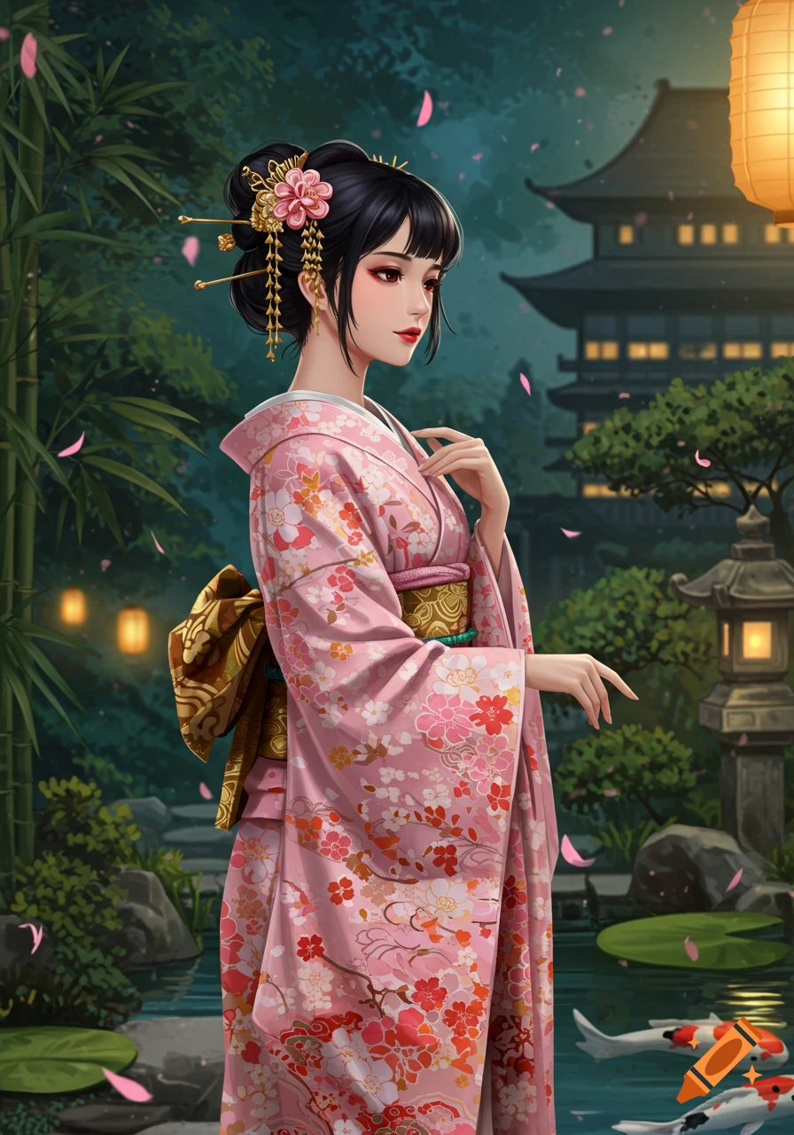 An illustrated Japanese woman in a pink floral kimono stands in a serene traditional garden with a temple, koi pond, and falling cherry blossoms.