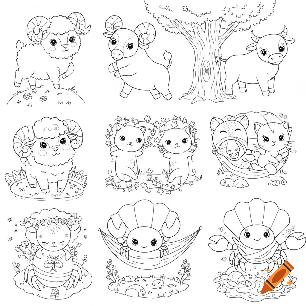 Black and white coloring page with cute cartoon zodiac animals: two sheep, two rams, a bull, two cats, and three crabs.