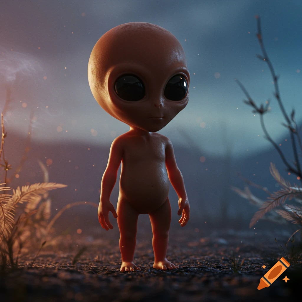 A cute, photorealistic baby alien with large black eyes stands on rocky ground at dusk.