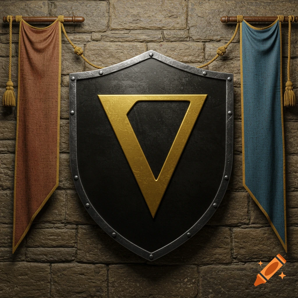 A black shield with a golden V symbol, flanked by red and blue banners, all against a stone wall.