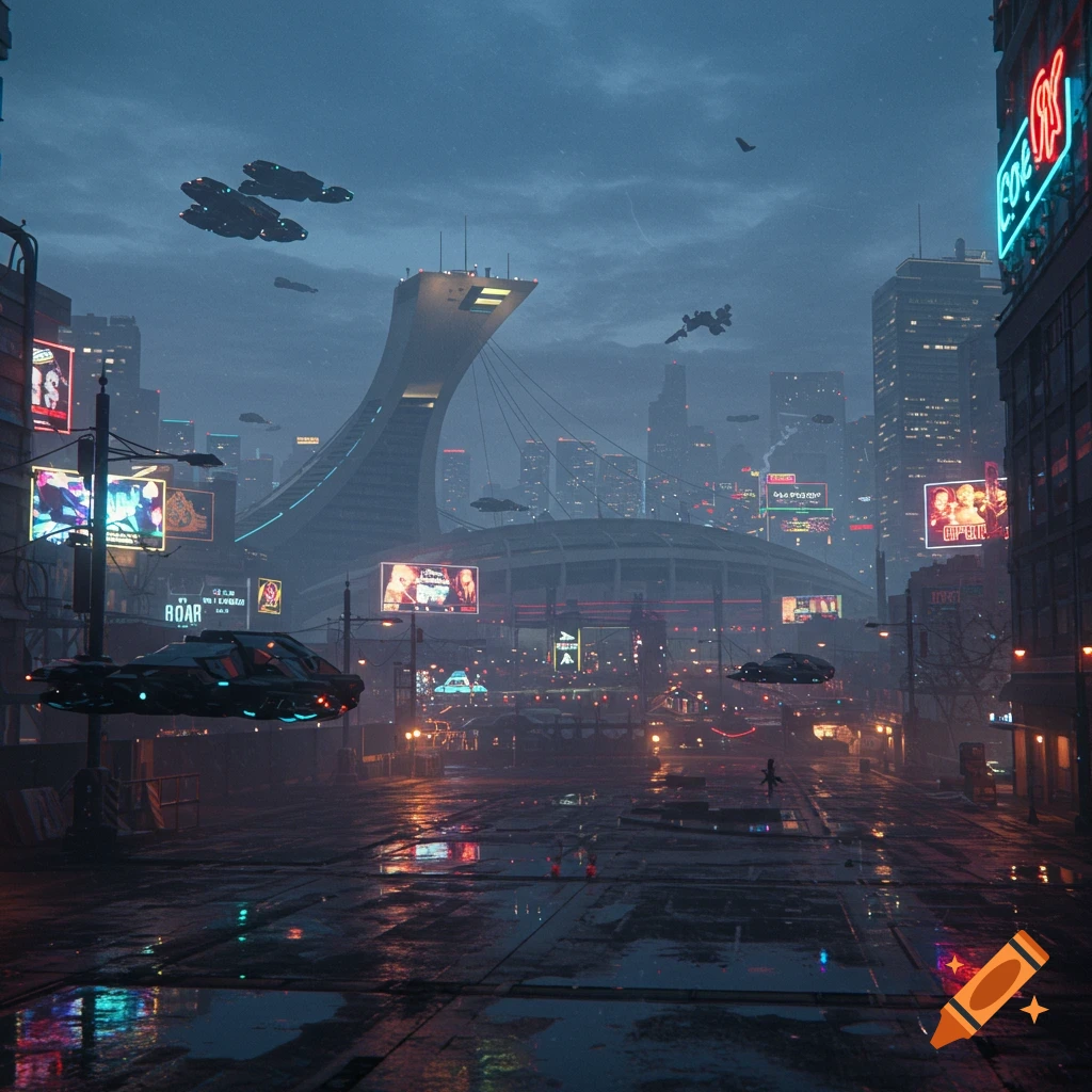 A hyper-realistic cyberpunk cityscape at dawn, with neon lights reflecting off rain-slicked streets and futuristic vehicles flying above.