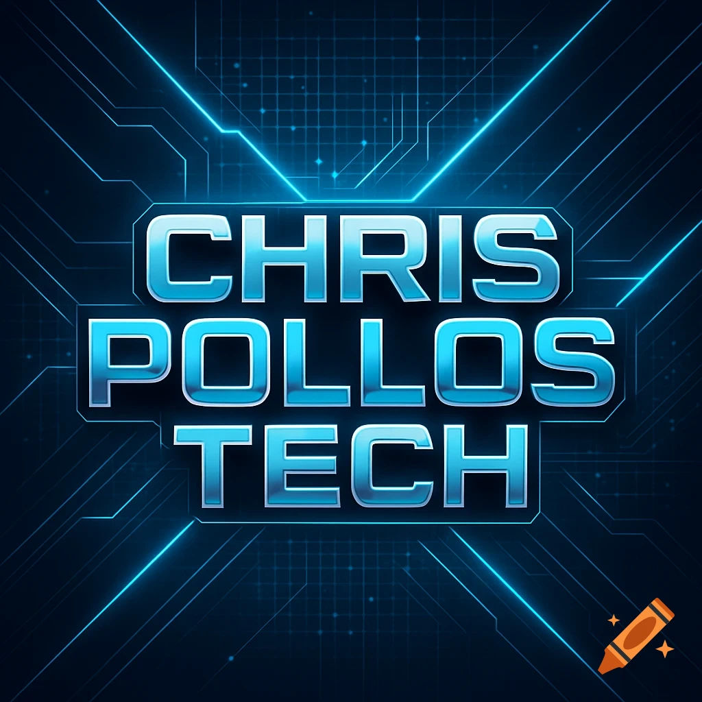 A blue and silver metallic 3D logo reading 'CHRIS POLLOS TECH' on a dark futuristic circuit board background.