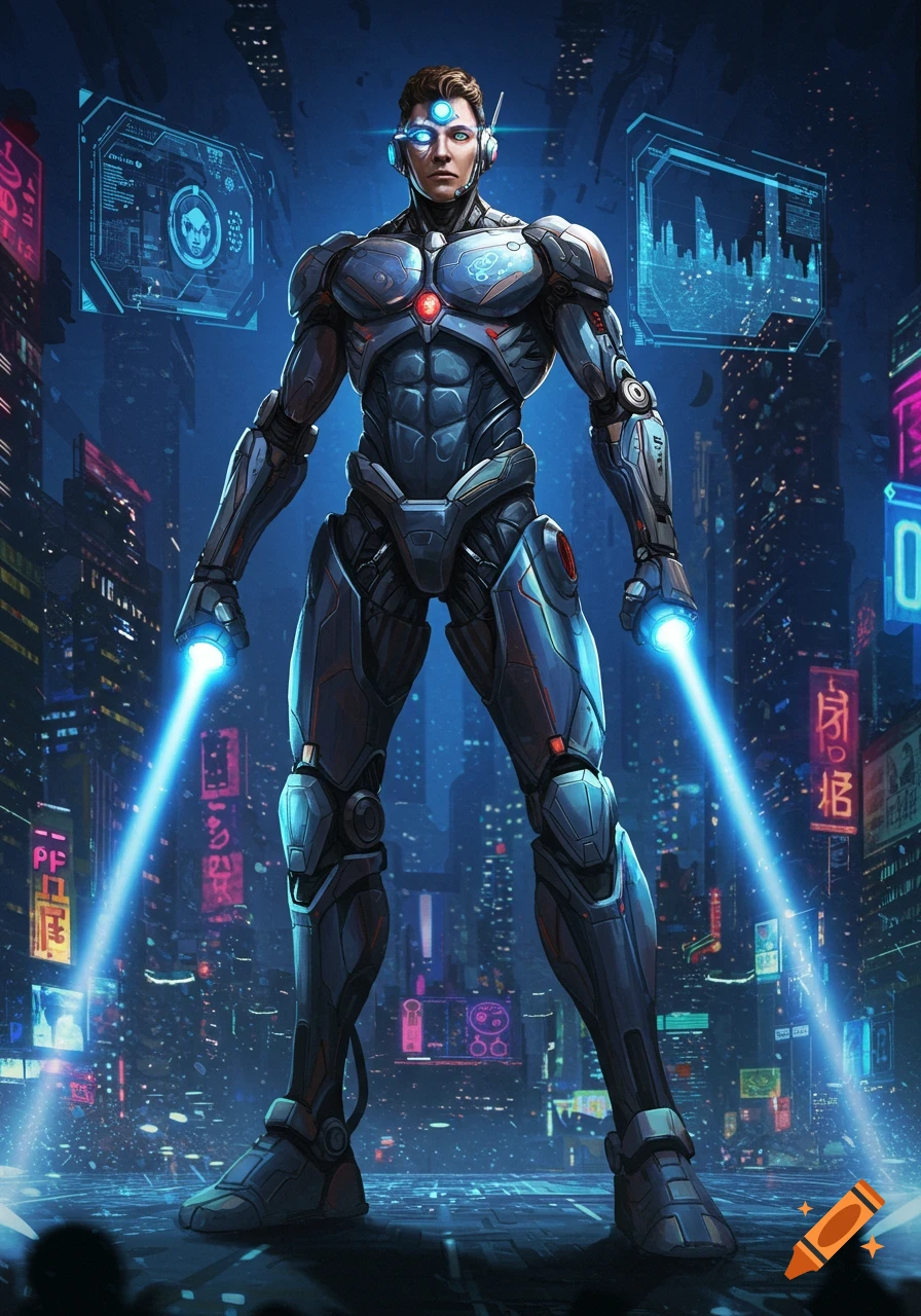 A detailed cyborg hero stands in a dark, neon-lit futuristic city, holding two glowing blue energy blades.