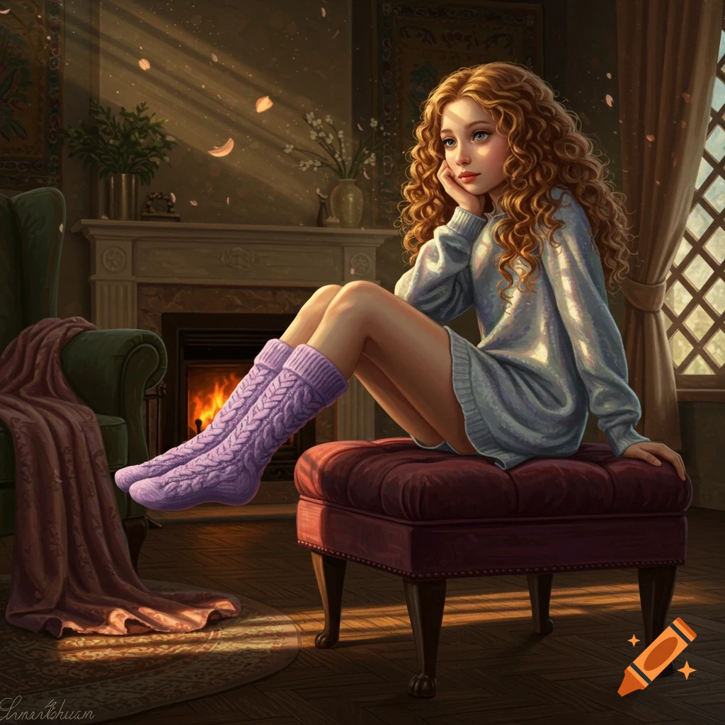 A young girl with long, curly red hair sits on a red ottoman in a sunlit room, wearing a light blue sweater and long purple cable-knit socks.