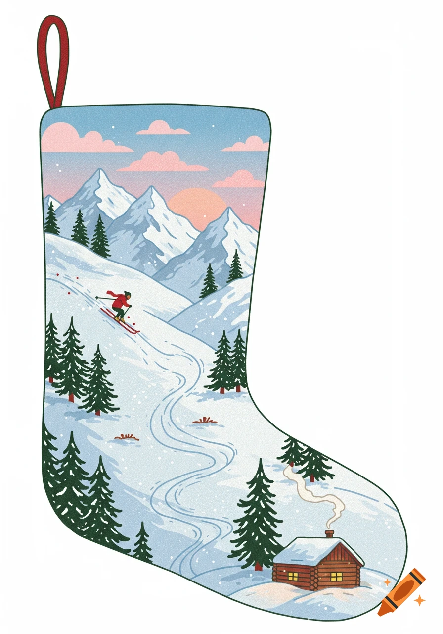 An illustrative Christmas stocking with a snowy mountain landscape scene: a skier descends a slope near a cozy cabin under a pastel sky.