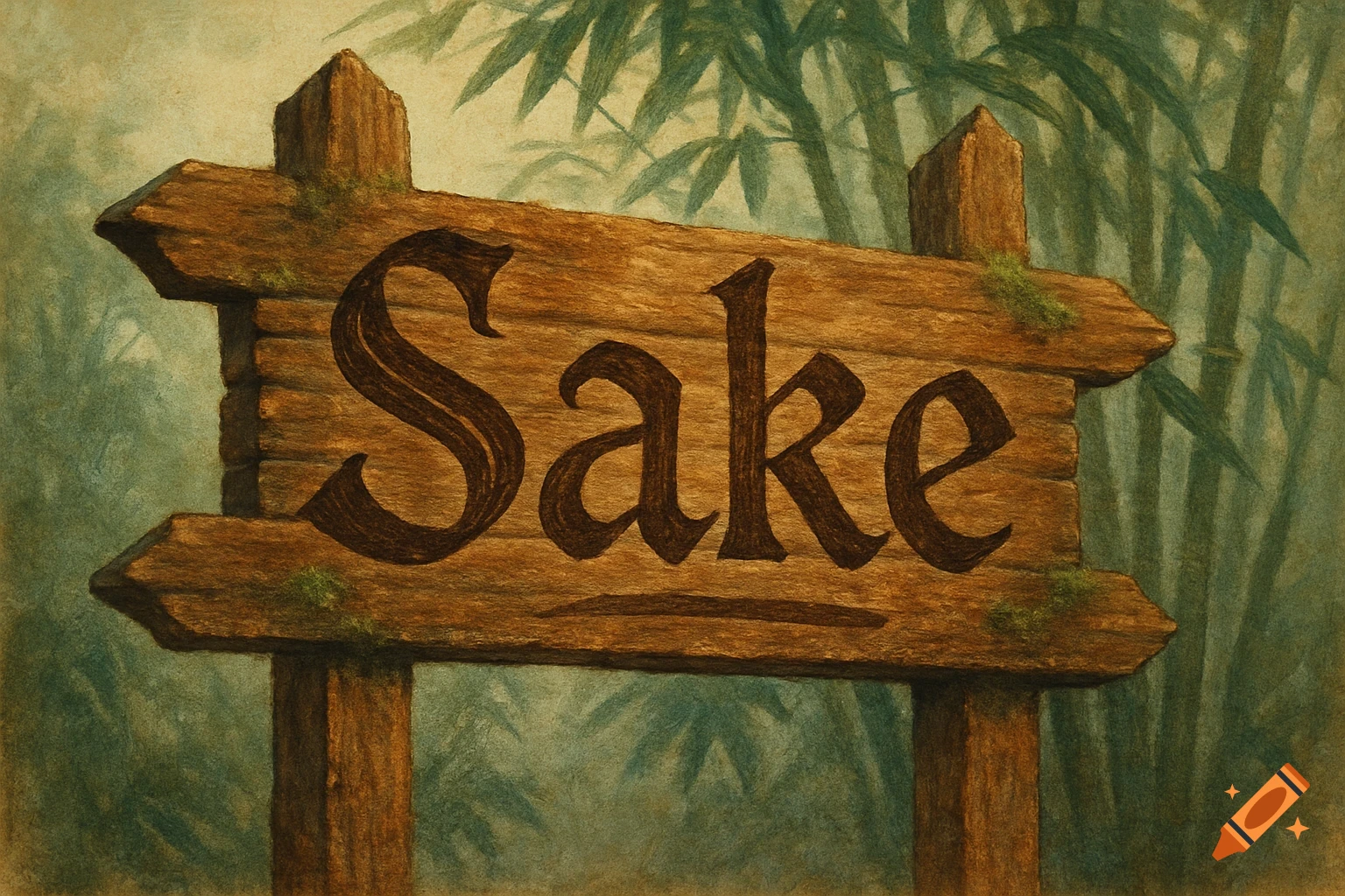 A rustic wooden sign with the word 'Sake' carved into it, set against a blurred green bamboo forest.