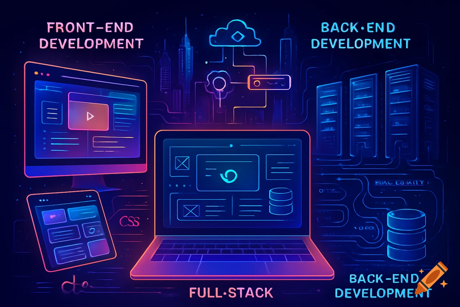 An abstract, neon-lit diagram illustrating front-end, back-end, and full-stack development concepts with computers, servers, cloud icons, and connected lines.