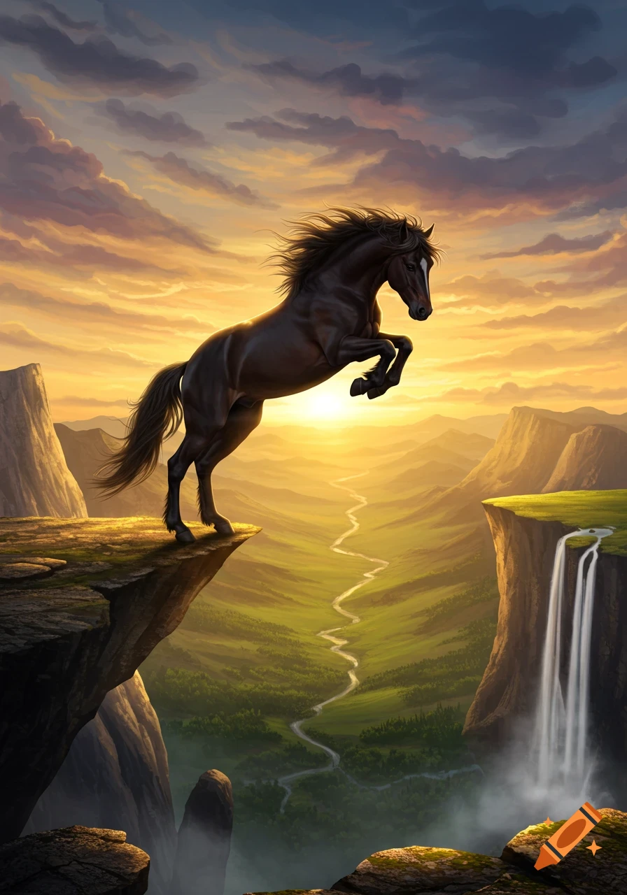 A majestic black horse leaps from a cliff overlooking a vast valley, with a winding river and waterfall under a golden sunset.