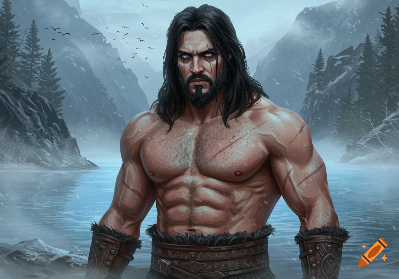 A muscular Viking man with long black hair, blue eyes, and battle scars stands in a snowy mountain landscape by a lake.