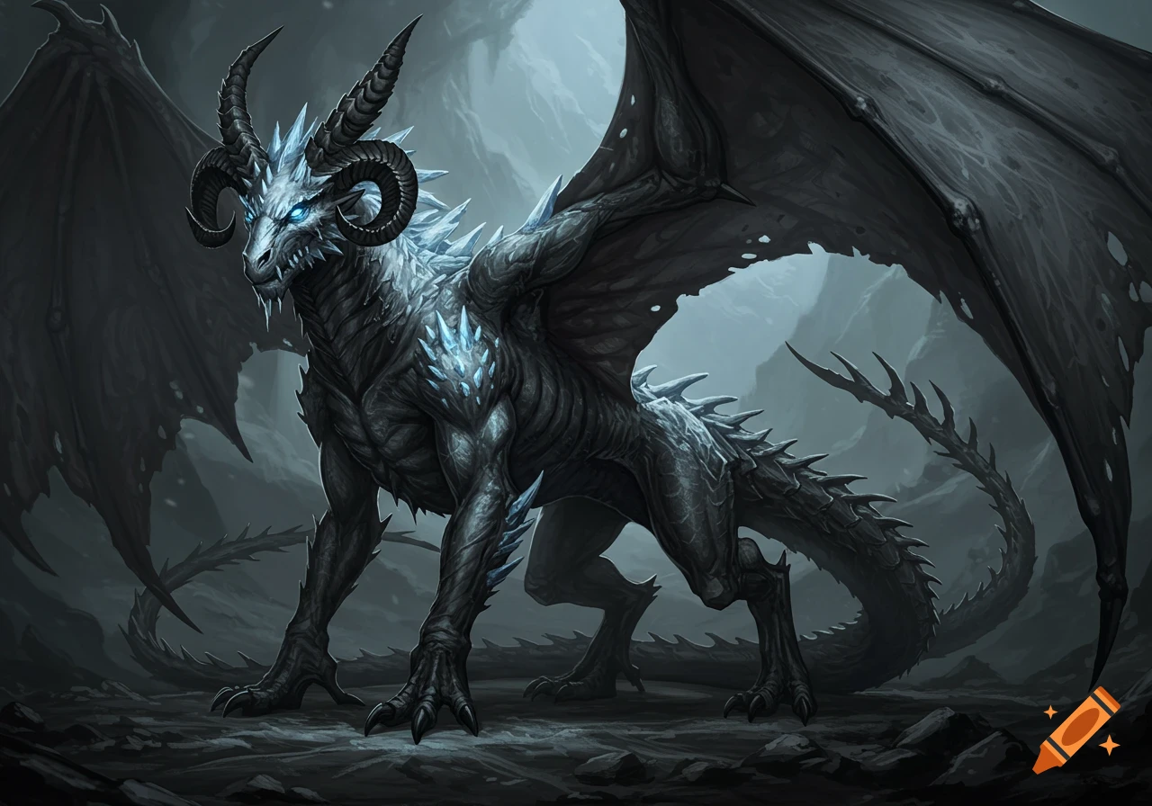 A majestic dark grey dragon-like creature with ram-like horns, glowing icy blue eyes, and large bat-like wings stands in a desolate, rocky landscape.