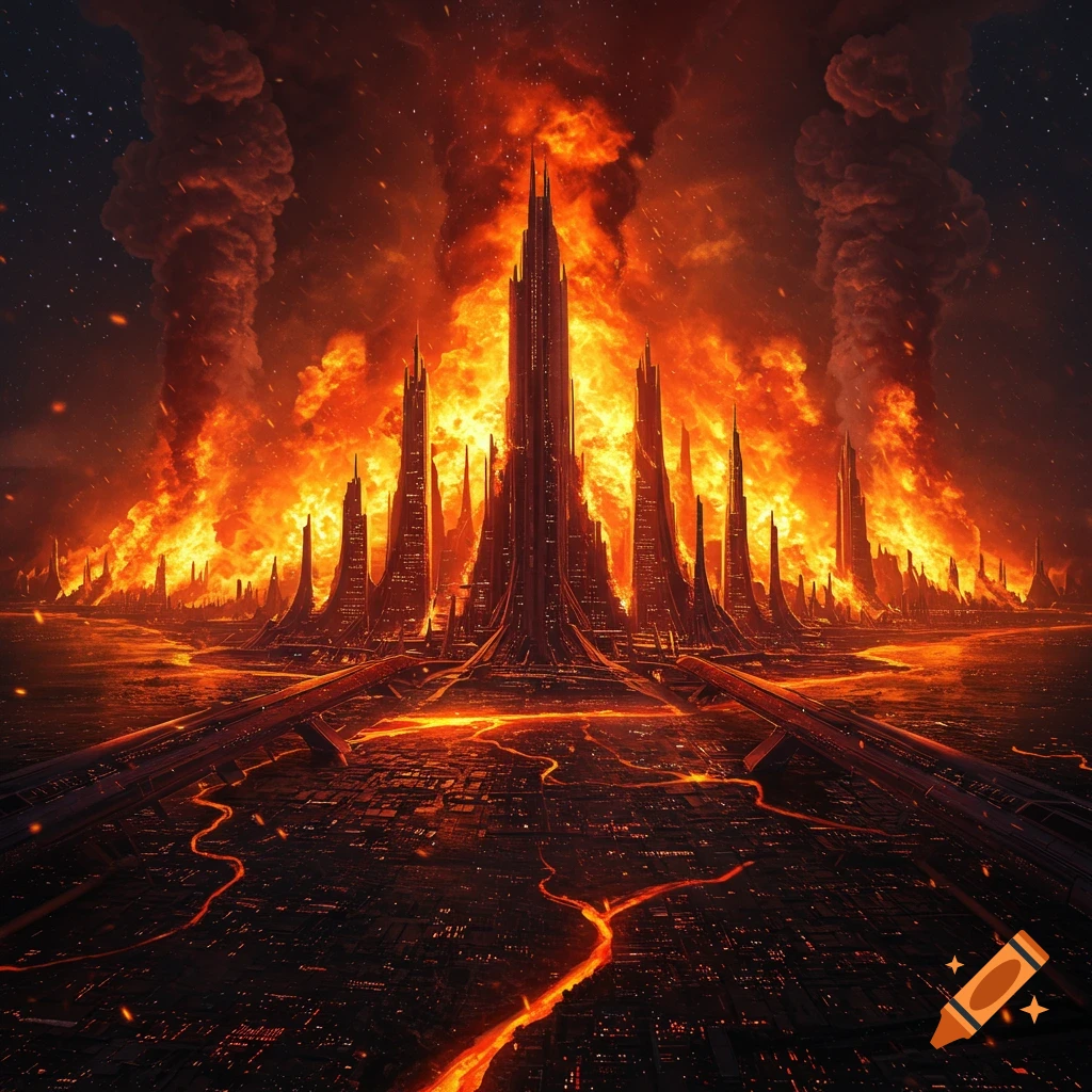 A futuristic city ablaze with massive fires and smoke, spiky dark skyscrapers amidst lava-like rivers, against a starry dark sky.