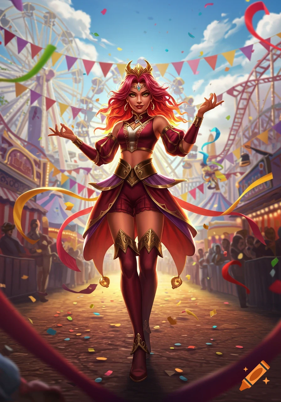 A vibrant fantasy illustration of a woman in a maroon and gold costume standing at a festive carnival with a Ferris wheel and confetti.