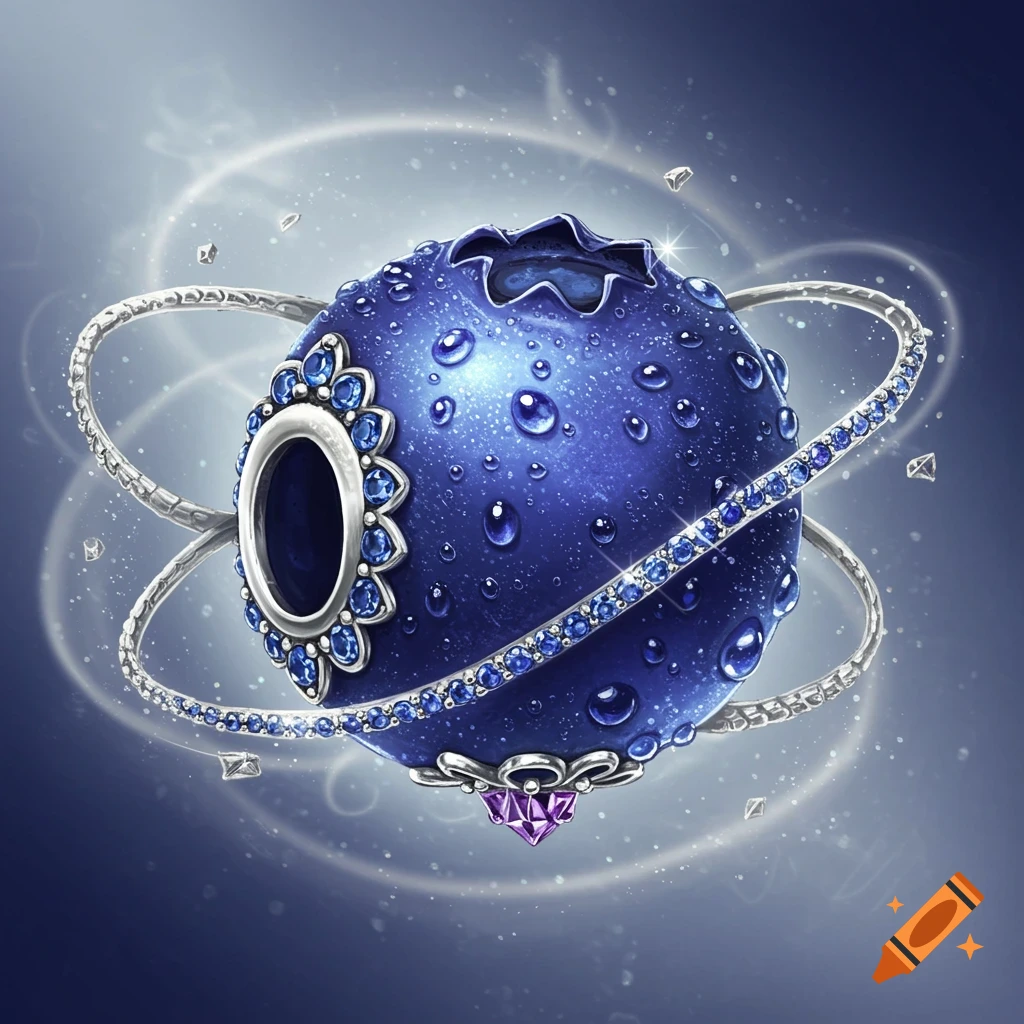 A stylized blue blueberry charm covered in water droplets, with silver rings, blue and purple gems, against a cosmic background.
