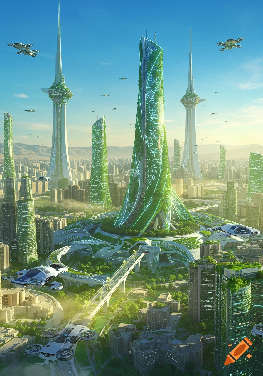 A vibrant, futuristic city with green, glowing skyscrapers, flying cars, and elevated walkways under a clear blue sky.